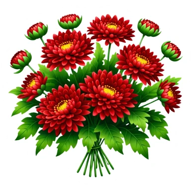 big bouquet Bright Red Chrysanthemum, luxuriant, leaf, bud sticker