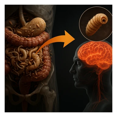 Hyperrealistic 4K medical illustration of a realistic intestine in a similar position to the reference image, infested with numerous parasites including worms and larvae. Enlarged detailed view of a parasite. Medical atmosphere with emphasis on disease and tumor risks. Include an arrow connecting the intestine and brain. sticker