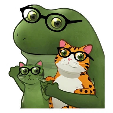 White girl with glasses, brown hair and eyes holding a tortoiseshell cat in her arms sticker