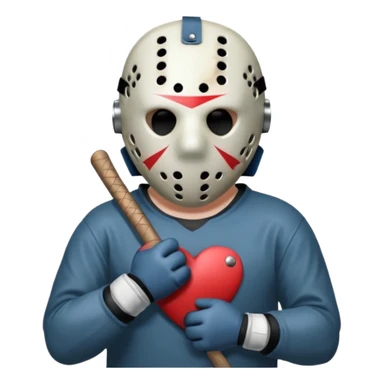 a cartoon image of Jason Voorhees, looking cute, with his hands clasped in front of him, at a sideways angle, looks like he is in love sticker