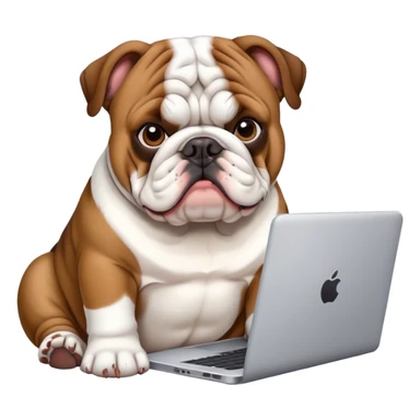 English bulldog sitting with a laptop sticker