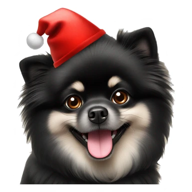 a black Pomeranian spitz a red New Year's hat sticker