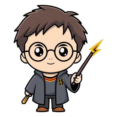 Harry Potter with round glasses, lightning scar, and wand sticker