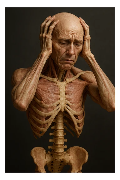 CORPO UMANO ANATOMICO con spina dorsale in evidenza, molto stanca e stressata mentre si tiene le mani sulla testa, IPERREALISTICO 4K sticker