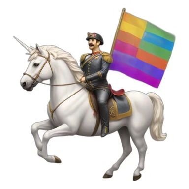 Hyperrealist Francisco franco ride a unicorn with a lgtbi flag sticker