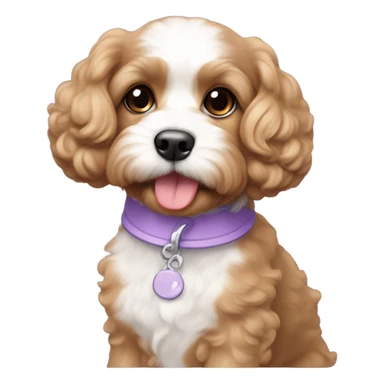 light brown cavapoochon with white patch on chest wearing a lilac collar sticker
