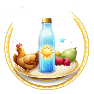Magical fitness galaxy with ethereal glowing water bottle, celestial sun rays, enchanted floating chicken and rice plate, mystical sparkling gym equipment, luminous yogurt, twinkling fruit pieces, and dreamy moon and stars, all orbiting in perfect harmony within a cosmic starry circle sticker