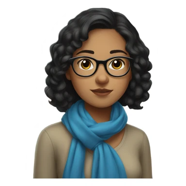 teenage girl wearing blue scarf, short wavy black hair, glasses, serious, books sticker