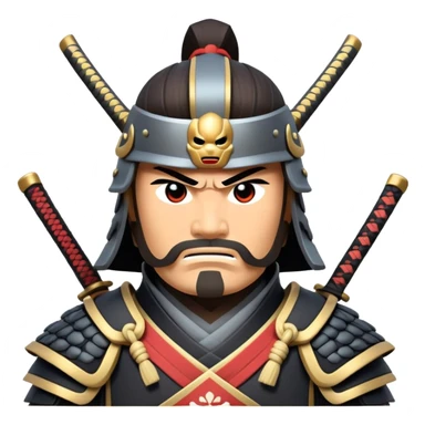 clash-of-clans-aesthetic_-cinematic-fearsome-and-majestic-samurai-bust-portrait-emoji, rendered in a flat, vector-style with minimal shading and bold, simplified shapes typical of emoji art, depicting a battle-hardened samurai with steely eyes and traditional black Japanese armor, riding a noble grey warhorse adorned with an intricately designed saddle and fluttering banners, against a backdrop of cherry blossoms and a rising sun. sticker