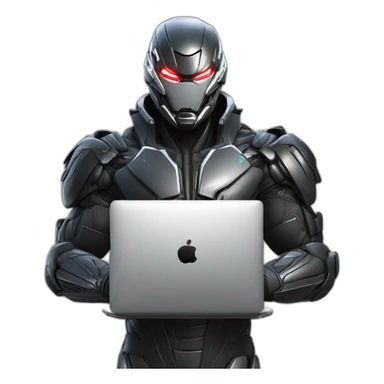 Side view developer behind his laptop with this style : Crytek Crysis Video game with nanosuit hacker themed character sticker