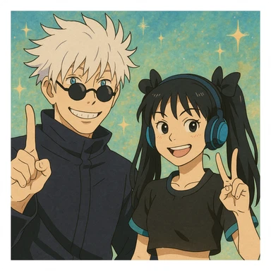 Gojo Satoru and his female protégé posing together, both flashing peace signs and mischievous smiles, Gojo with icy-blue eyes and round black shades, protégé with long black hair in twin bows, cropped black top with cyan accents, blue headphones, energetic sparkly background, in ghibli style sticker