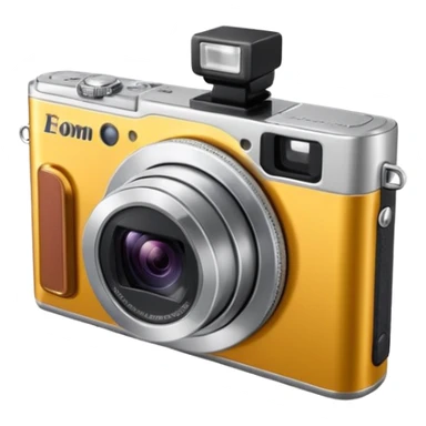 compact silver digital camera with a circular extended lens, metallic finish, small built-in flash and minimal buttons. from a slight 45 degree angle sticker