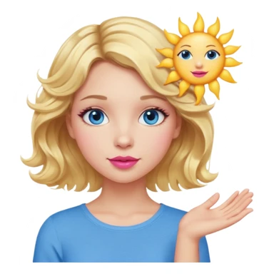 Girl Blonde short wavy hair,  blue eyes, cute blue top, long lashes, pink lips, holding the one sun   sticker