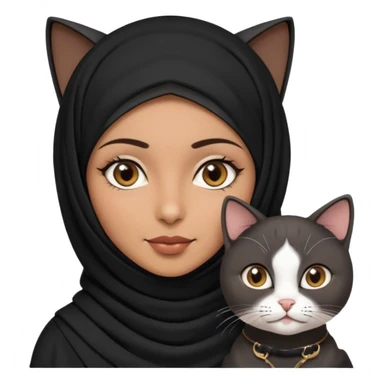A Arabic woman human with brown eyes and black hijab. , the human is a human no cat ears, two cats, the both cats have the colour black and white in the same colour, not orange cat,  NO CAT EARS ON THE HUMAN ,  sticker
