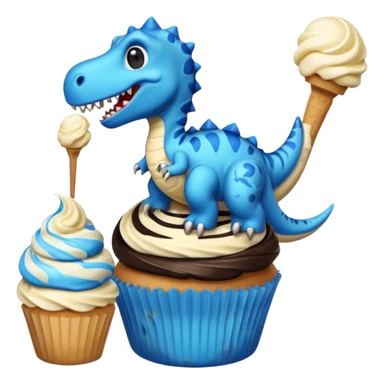 A cupcake having blue and black icing and a dinosaur as a decoration and ice cream next to it sticker