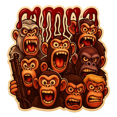 Make the apes look even more psycho and unhinged, with wild eyes, crazed expressions, and exaggerated features. Keep the retro stickers style and the intense, chaotic vibe. sticker