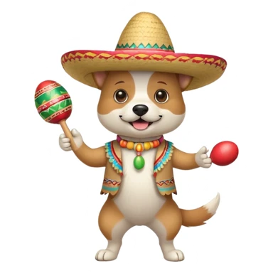 White and beige dog dancing with maracas and a sombrero with a mustache  sticker