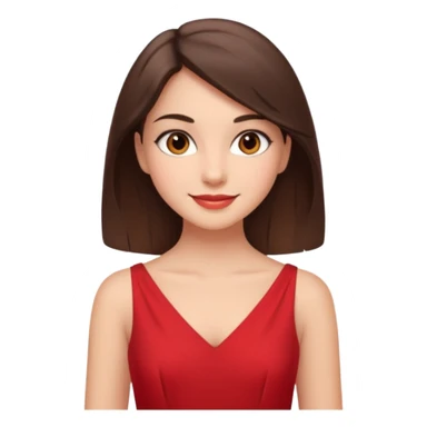 Cartoon emoji of a young brunette woman with fair-medium skin, brown eyes, wearing a red outfit. Full-height, standing confidently in a red dress  posing sexy with a smile and relaxed posture. Smooth, friendly, stylized, make up on, flirty eyes and smile sticker