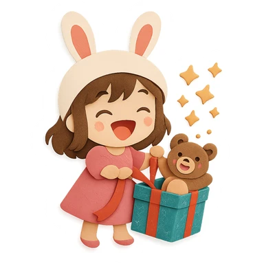 Regenerate this image for a cleaner, higher-quality look. Keep the girl in a beautiful design dress, bunny hat, magical glitter gift box, laughing teddy bear, full body, clean and polished, no imperfections sticker