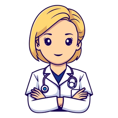 blonde woman kinesiologist in medical uniform with thoughtful face sticker
