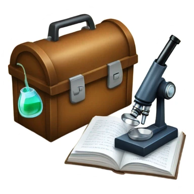 toolbox for scientist with a book, glasses, microscope sticker