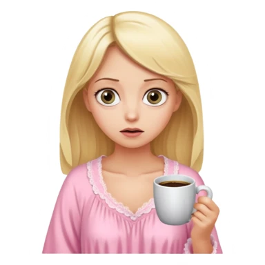 A blonde woman in a pink nightgown with wide eyes looks for coffee. sticker
