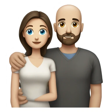 dark brown haired woman with blue eyes cuddling bald man with beard sticker