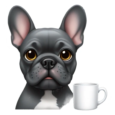 dark grey french bulldog holding a mug sticker