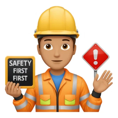 a guy wearing safety outfit with helmet holding a panel written on it SAFETY FIRST sticker
