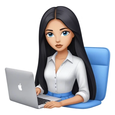 Glamours tanned very beautiful girl with pump nude lips and black straight smooth long hair, blue-grey eyes in beautiful clothing with MacBook. sticker
