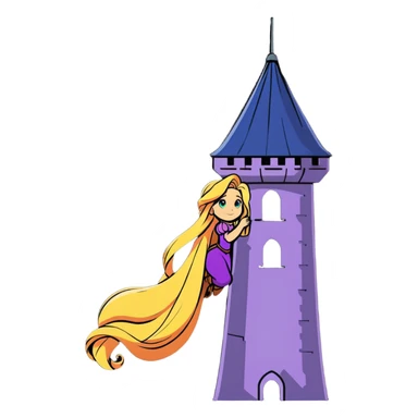 Rapunzel letting down her hair from a tower sticker