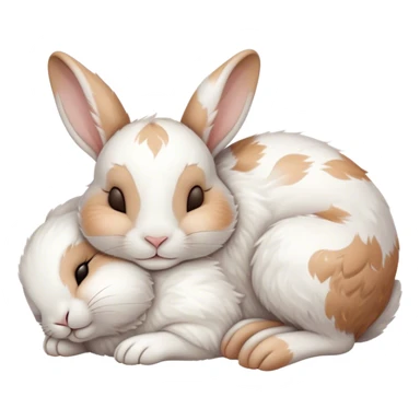 Meme-Worthy Cute Sleeping White and Brown Rabbit Portrait Emoji, Head resting peacefully with a contented smile, showcasing a delightfully balanced build and a luxuriously soft patterned fur of white and brown, eyes shut in a serene nap, Simplified yet hilariously adorable features, highly detailed, glowing with a soft, drowsy light, high shine, relaxed and utterly lovable, stylized with an air of playful laziness, bright and heartwarming, soft glowing outline, capturing the essence of a comically sleepy bunny, so meme-worthy it feels like it could instantly become the next viral sensation of adorable slumber! sticker