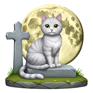 grau weiße Katze bei vollmond auf dem friedhof neben einem grabstein sticker