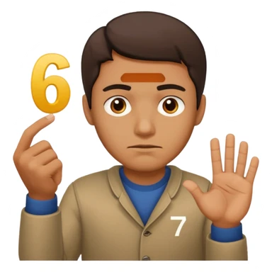 man frowning holding up numbers 6 in left hand and 7 in right hand sticker