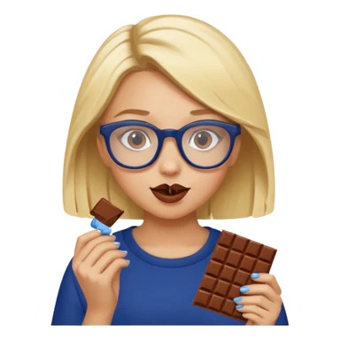 Blonde girl with navy blue framed glasses eating chocolate sticker