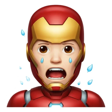 Create a man in an Iron Man costume who is crying with his mouth open and tears flowing sticker