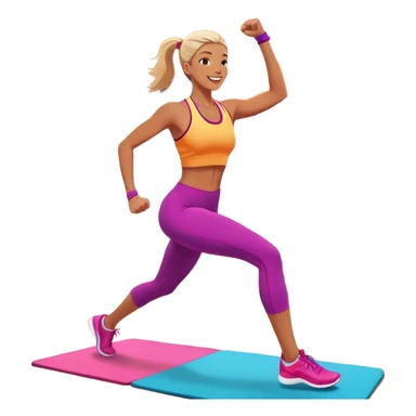 An energetic person performing an aerobics workout in a brightly lit gym, jumping and stretching with enthusiasm. The scene includes vibrant fitness equipment like dumbbells and exercise mats, with a background of cheerful, motivating colors, conveying energy and movement. sticker