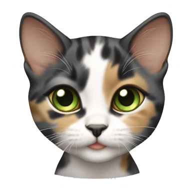 young diluted calico kitten, white mouth, green eyes, tan spot forehead sticker