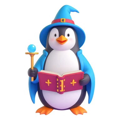 penguin wizard reading from an ancient spellbook in 3D style sticker