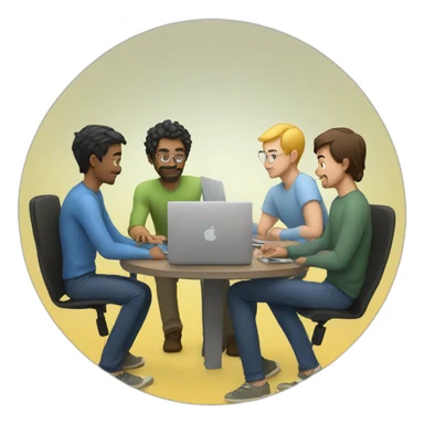 5 Developers with MacBooks sitting in a room with around a circular tabl sticker