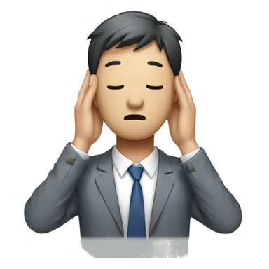 Korean office worker man covering his head, with his back bent, sore neck, stressed expression sticker