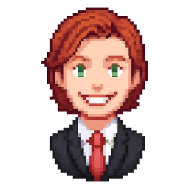 Headshot of a red-haired man in a black suit with a red tie, smiling, showing only the head and a bit of the torso, no beard, pixel art style, with no background. Use pixel art style as a reference for the general editor. sticker