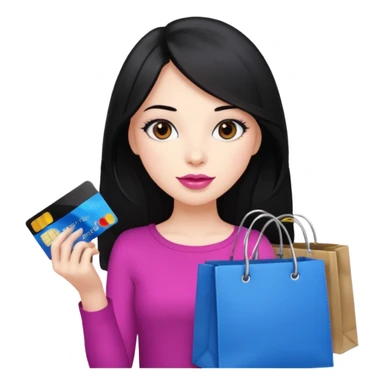 Girl with long black hair, pink lipstick, brown eyes holding shopping bags and blue credit card sticker