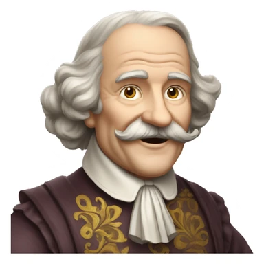 Short pudgy old man over enthusiastic happy excited face bald forehead long wavy gray and brown brunette long wavy hair moustache Shakespearean dress vintage clothes hamlet sticker