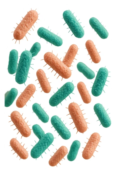 batteri intestinali rosa salmone e turchesi fluttuano in aria, iperrealistici 4k sticker