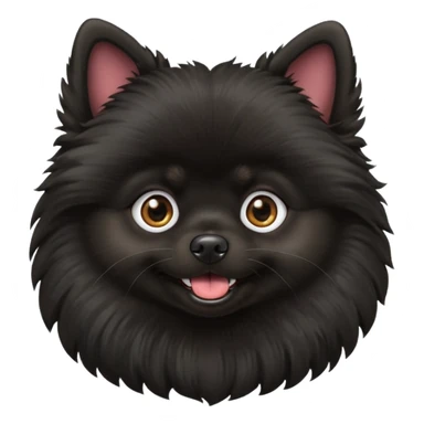 Create an emoji-style illustration of a black Pomeranian dog. The dog should have fluffy fur, a small round face, perky ears, and a cheerful expression. Keep the background simple or transparent. The emoji should be cute, expressive, and suitable for digital use sticker