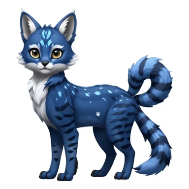 Cute kawaii cool edgy badass  glossy midnight-blue fur with silver starlight dusting fantasy-caracal-civet-genet-sergal-vernid-Gryphon-Cacomistle-Trico-oncilla-animal-Fakémon-hybrid-fursona (full body), facial markings, (realism style) sticker