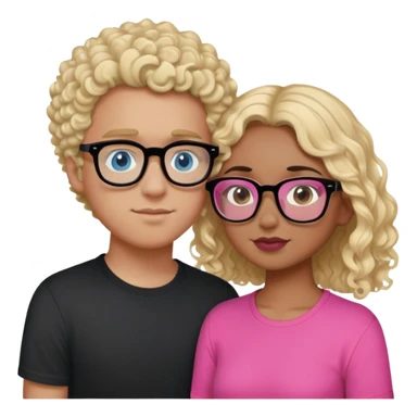 intimate moment between lovers, boy he has, blonde hair black glasses and blue eyes and a black shirt, Girl with a mixed skin tone, she has dark brown curly hair, pink glasses, and a pink shirt sticker
