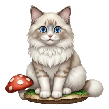 A ragdoll cat with blue eyes sitting on a mushroom sticker