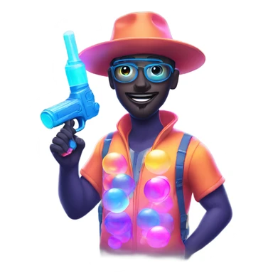 Guy in glowing outfit and hat with bubble guns in each hand sticker
